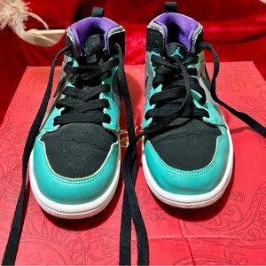 Purple black light teal neon rainbow air Jordans size 13